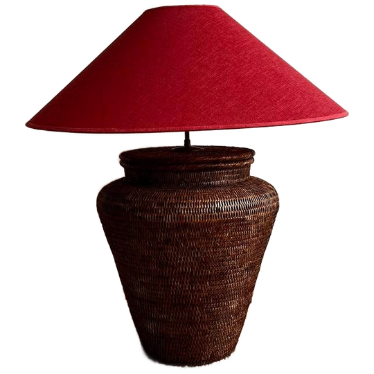 Birma Rieten Rotan Tafellamp Raspberry Kap Vintage 1