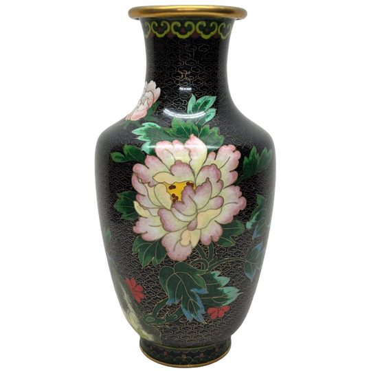 Grote Vintage Zwarte Cloisonné Vaas 1