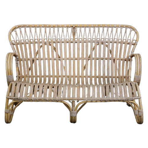 Zeldzame Midcentury Rotan Belse 8, 2 Zits Bank, Dutch Design, 1950