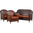 Complete Schapenleren Set Van Twee Fauteuils En Een Bank Met Een Geweldige Luxe Uitstraling thumbnail 1