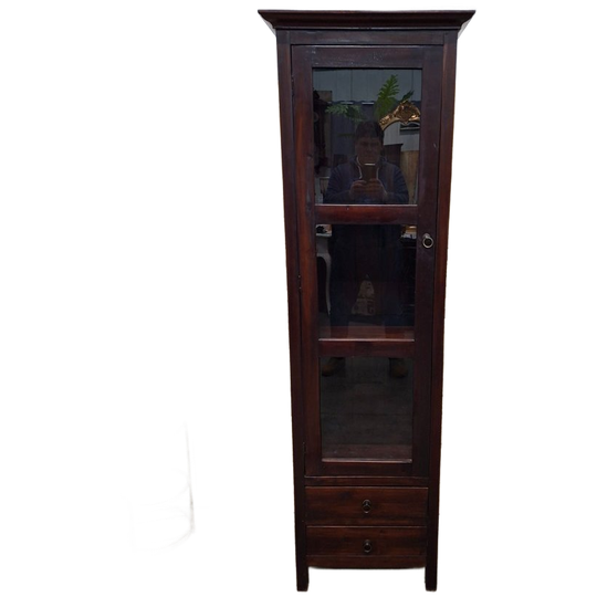 Koloniaal Teakhouten Vitrinekast, Servieskast, Boekenkast Afm: 59x41cm En 191cm Hoog. 1