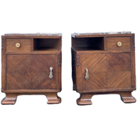 Art Deco Set Nachtkastjes Met Rood / Grijs Geaderd Marmer Blad, 55 Cm Hoog