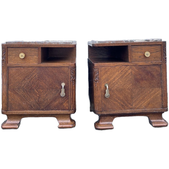 Art Deco Set Nachtkastjes Met Rood / Grijs Geaderd Marmer Blad, 55 Cm Hoog 1
