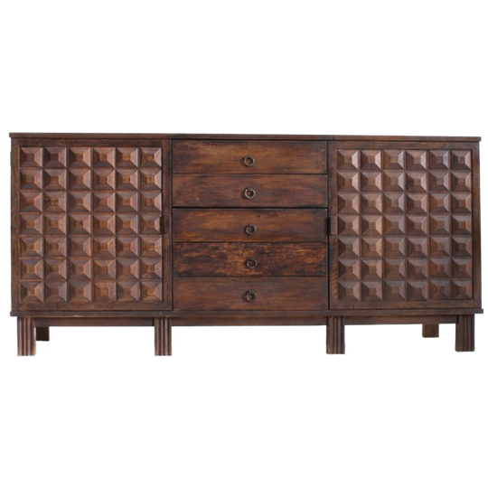 Brutalist Spanish Carved Sideboard Credenza 1