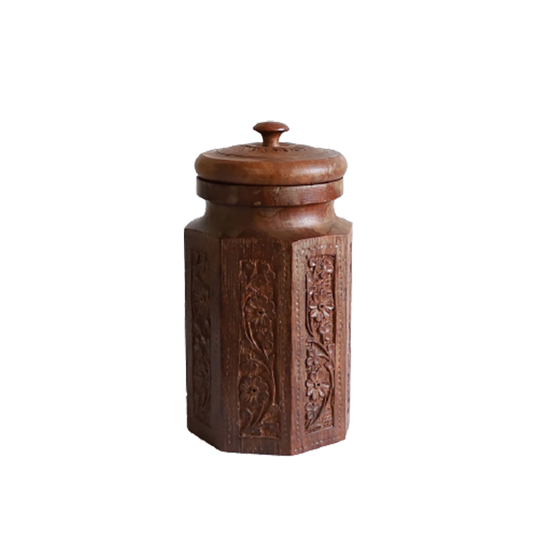 Vintage Handgesneden Grote Houten Deksel Pot, India Jaren '60 1