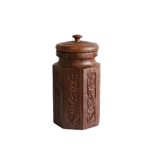 Vintage Handgesneden Grote Houten Deksel Pot, India Jaren '60