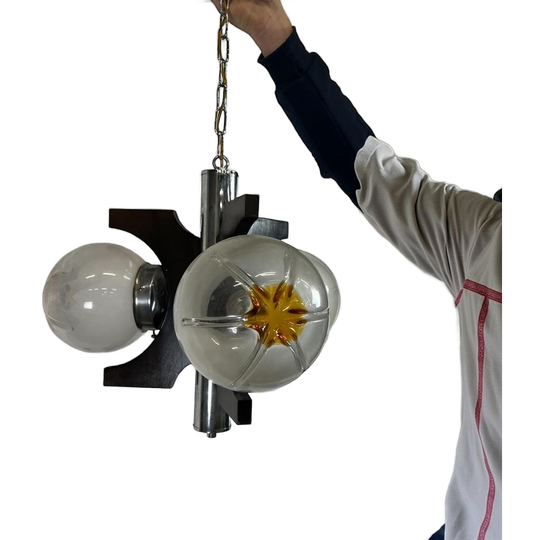 Vintage Houten Hanglamp Met Murano Glas Mazzega 1