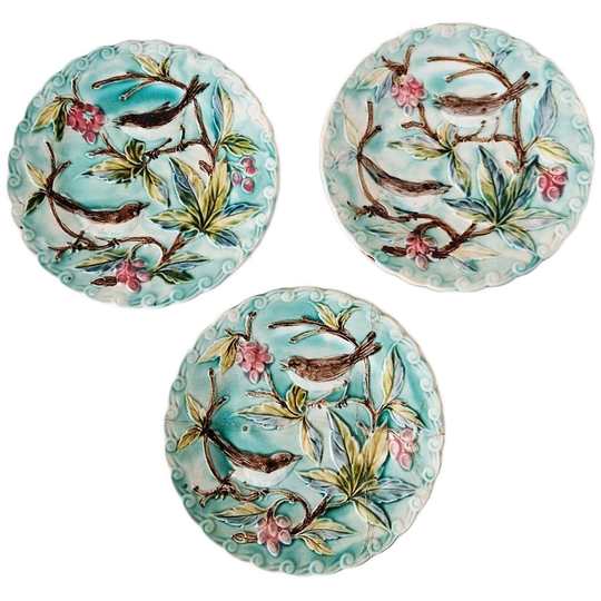 Set 3 Antieke Borden Wandbord Vogels Barbotine Bord 1