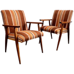 Tweetal Vintage Houten Fauteuils Met Gestreepte Stof, 1970’s thumbnail 1