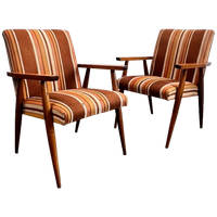 Tweetal Vintage Houten Fauteuils Met Gestreepte Stof, 1970’s