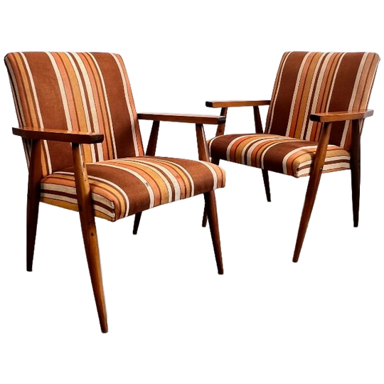 Tweetal Vintage Houten Fauteuils Met Gestreepte Stof, 1970’s 1