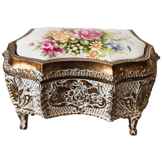 Vintage Barok Sieradendoosje Goud Porselein Bloemen 1950’s 1