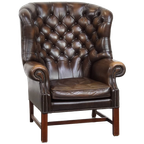Grote En Stijlvolle, Donkerbruine Rundleren Chesterfield Oorfauteuil In Engelse Stijl thumbnail 1