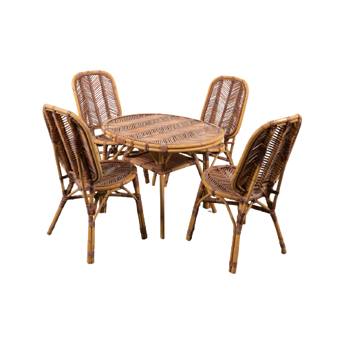 Rattan Indoor/Outdoor Table With Chairs / Tuintafel Set / Tuinstoelen, 1960’S Italy