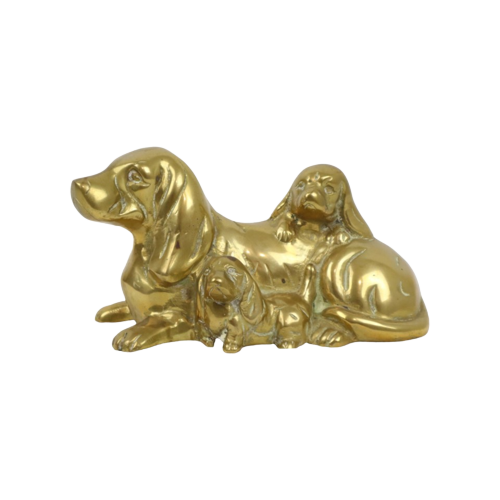 Messing Hond Met Puppies Bloedhond Basset Geel Koper Sculptuur 14Cm