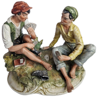Italian Capodimonte "works Of Art" Figurine Young Men Playing Cards Sculpture Vintage