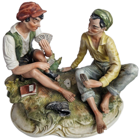 Italian Capodimonte "works Of Art" Figurine Young Men Playing Cards Sculpture Vintage 1