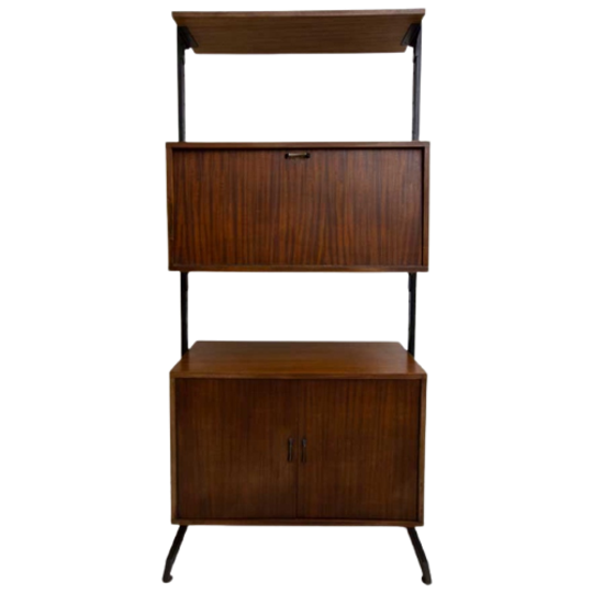 Vintage Wandsysteem Met Donker Hout En Zwart Metalen Frame - Reliving 1