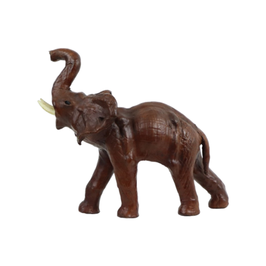 Vintage Olifant Met Slagtanden Papier Mache Bruin Leder Beeld Sculptuur 1