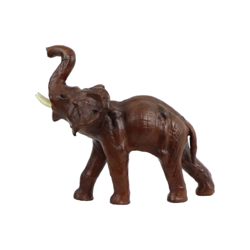 Vintage Olifant Met Slagtanden Papier Mache Bruin Leder Beeld Sculptuur