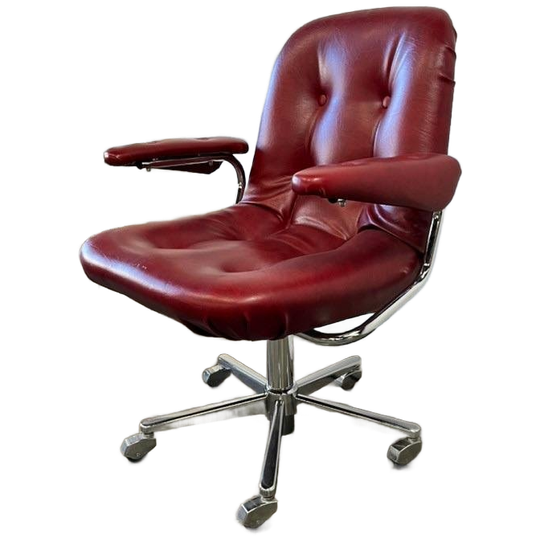 Vintage Bordeaux Bureaustoel / Fauteuil Op Wieltjes 1