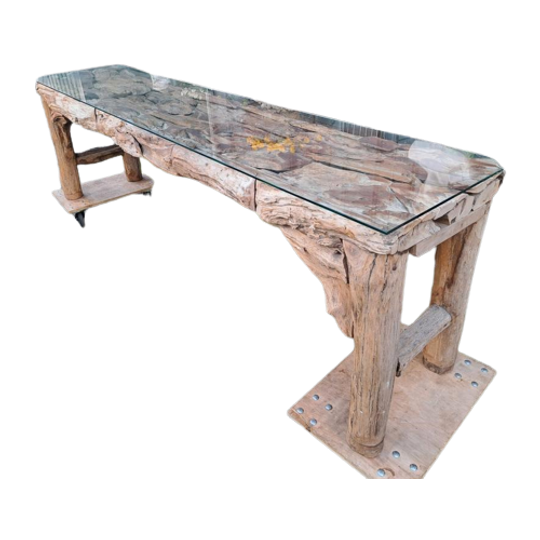 Unieke Teakhouten Drijfhouten Sidetable Wandtafel, Met Glasp 1