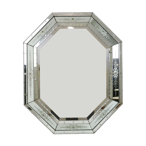 Prachtige Grote Venetiaanse Achthoekige Spiegel Xl Facet Geslepen Frankrijk 1950