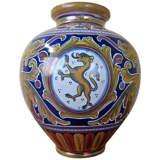 Vintage Majolica Italiaanse Vaas Met Leeuw-rampant (hoogte 27cm) Kleurrijke Vaas (handgemaakt) 1