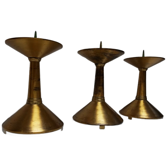 Grote Art Deco Vintage Kerkkandelaars/kaarsenhouders In Geel Koper, Jaren 30, Set Van 3 1