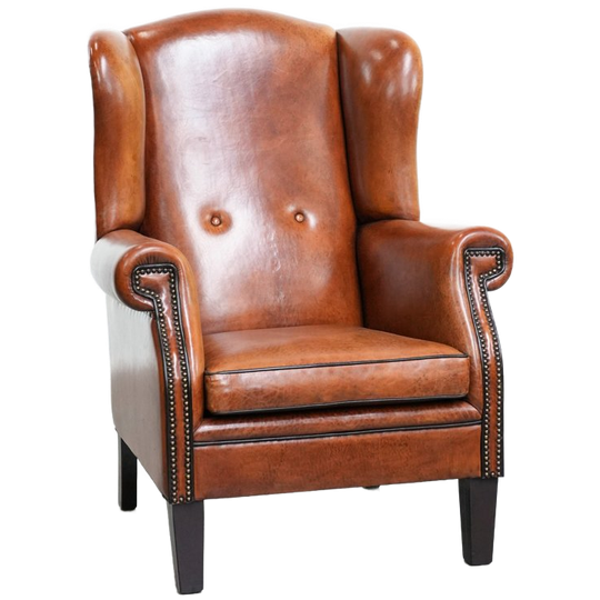 In Zeer Goede Staat Verkerende Grote En Luxe Schapenleren Oorfauteuil Met Zwarte Biezen 1