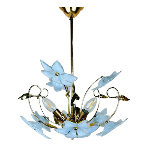 Vintage Messing Hanglamp Met Murano Glazen Bloemen