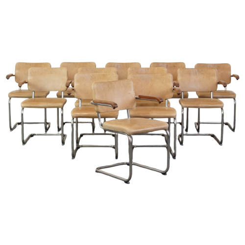 Set Van 12 Comfortabele Vintage Leren Thonet Buizenframe Design Eetkamer/ Bijzet/ Vergaderstoelen