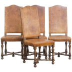 Set Van 4 Antieke Houten En Schapenleren Eetkamerstoelen Met Een Mooi Patina thumbnail 1