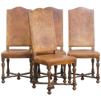 Set Van 4 Antieke Houten En Schapenleren Eetkamerstoelen Met Een Mooi Patina