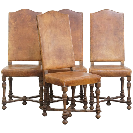 Set Van 4 Antieke Houten En Schapenleren Eetkamerstoelen Met Een Mooi Patina 1