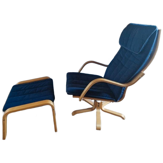 Vintage Poang Draai Fauteuil Met Voetenbank Donkerblauw 1