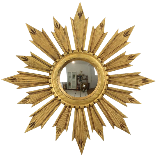 Vintage Houten Sunburst Zonnespiegel Convex Frankrijk 51cm 1