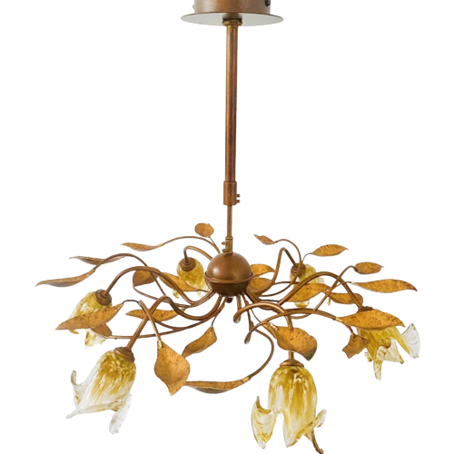 Vintage Xl Italiaanse Murano Plafondlamp Goud Lelie Bloemen 1990’S