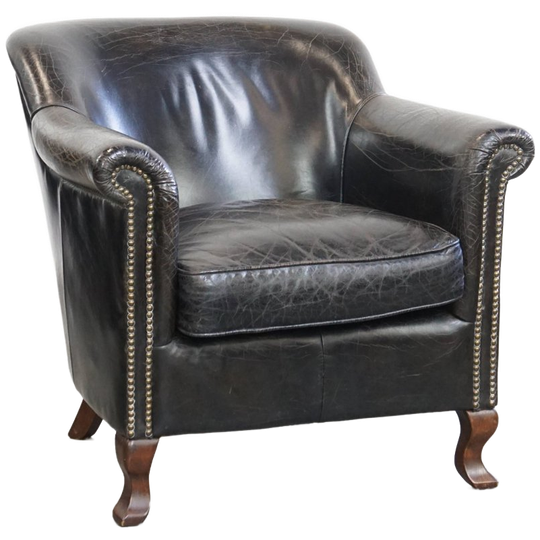 Leuke En Stoere Zwarte Generfde Rundleren Armchair/ Fauteuil Met Een Mooie Vormgeving 1