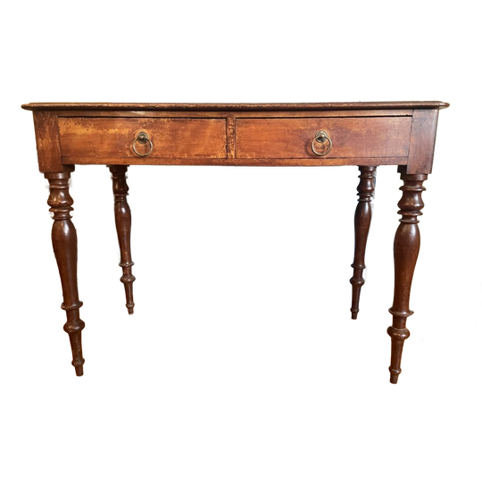 Magnifiek Bureau Werktafel Leer En Ingelegd Met Bladgoud 19e Eeuws Frans 1