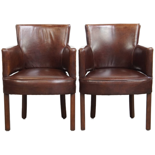 Geweldige Set Van 2 Cognac Kleurige Rundleren Ralph Lauren Design Eetkamerstoelen 1
