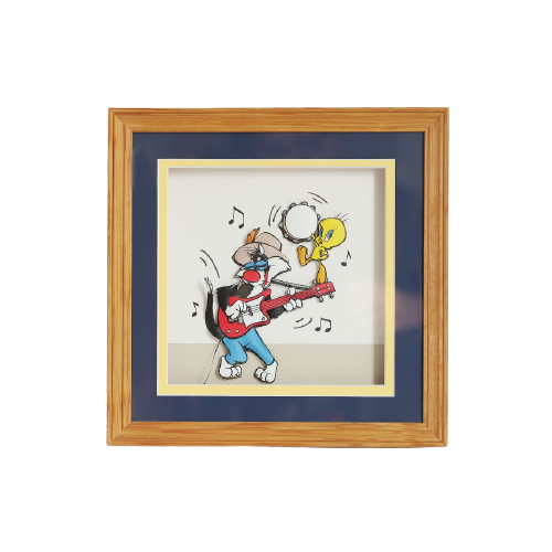 Vintage 3D  Papier Kunst Van Boy Sylvester En Tweety Ingelijst