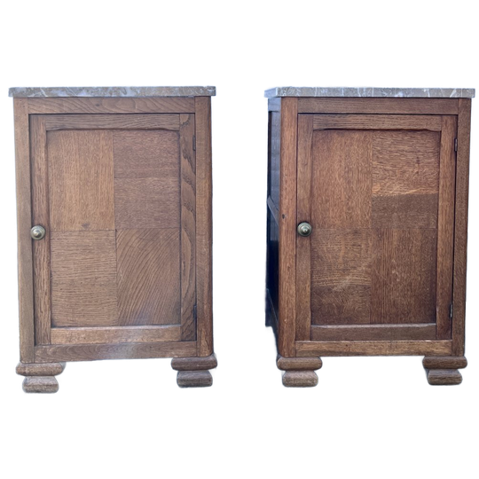 Set Art Deco Eiken Nachtkastjes Met Marmer Bovenblad, 64 Cm Hoog 1