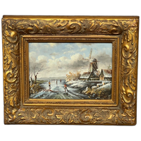 Gesigneerd Schilderij "winterschaatsen".