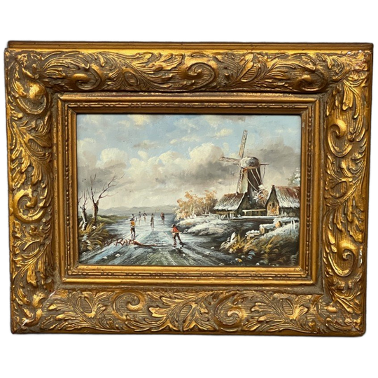 Gesigneerd Schilderij "winterschaatsen". 1
