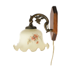 Vintage Wandlamp Hout, Brons Met Beschilderde Opaline Glazen Kap, Jaren '70 thumbnail 1