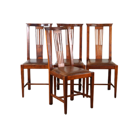 Set Van Vier Schapenleren Art Nouveau Design Eetkamerstoelen Houten Frame Met Lederen Zitting 1