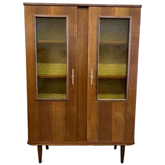 Vintage Houten Kast / Vitrinekast Met Okergeel Reliëfglas 1
