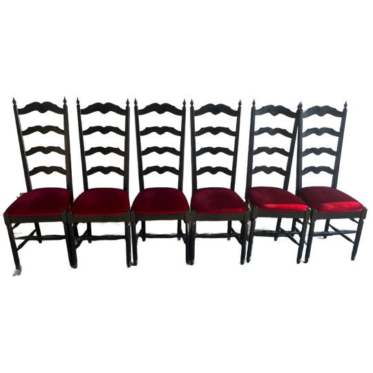 Set Of 6 High-back Dining Chairs In Black Wood & Red Velvet 1