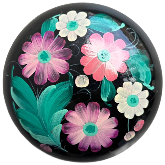 Vintage Rond Zwart Gelakt Houten Doos Met Bloemen 1